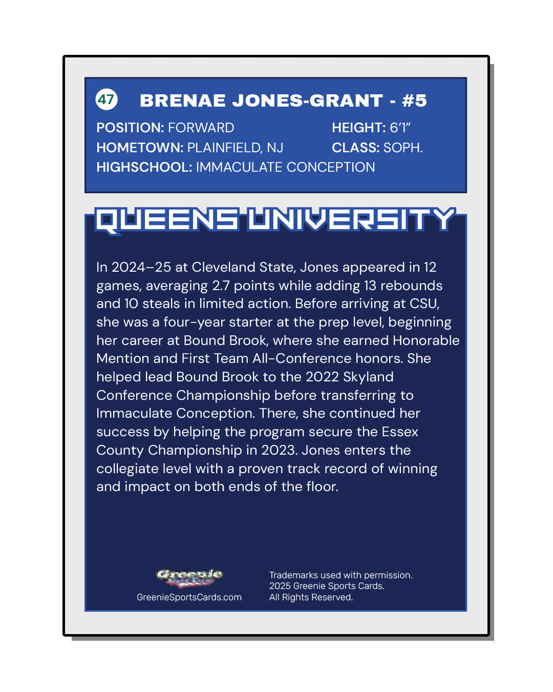 BRENAE JONES-GRANT Certified Autograph Trading Card 2025-26 Greenie Sports Cards NIL Trading Card PRESALE