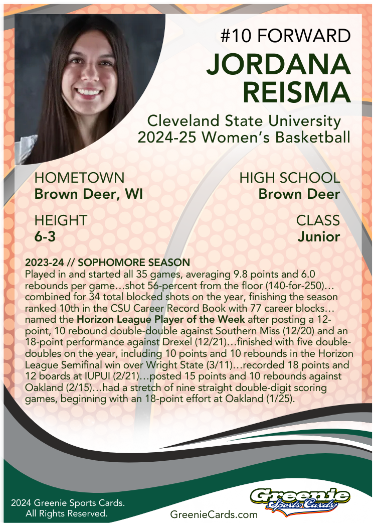 JORDANA REISMA Certified Autograph Trading Card 2024 Greenie Sports Cards NIL Trading Card