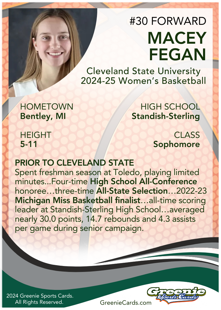 MACEY FEGAN Certified Autograph Trading Card 2024 Greenie Sports Cards NIL Trading Card
