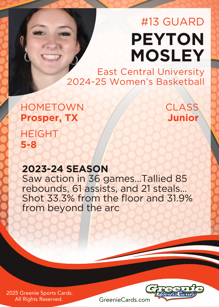 PEYTON MOSLEY Certified Autograph Trading Card 2025 Greenie Sports Cards NIL Trading Card