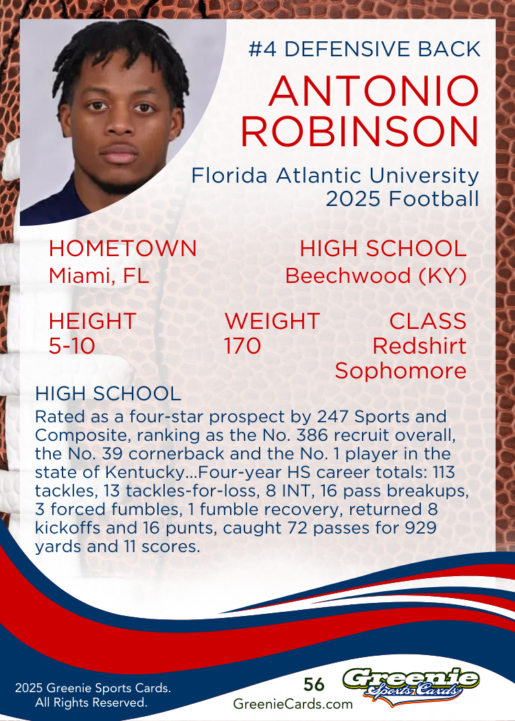 ANTONIO ROBINSON JR Certified Autograph Trading Card 2025 Greenie Sports Cards NIL Trading Card Pre-Sale