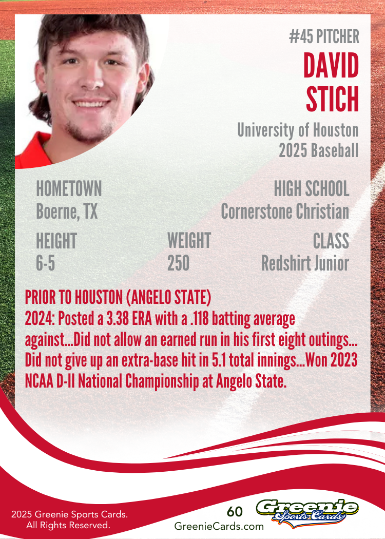 DAVID STICH Certified Autograph Trading Card 2025 Greenie Sports Cards NIL Trading Card Pre-Sale