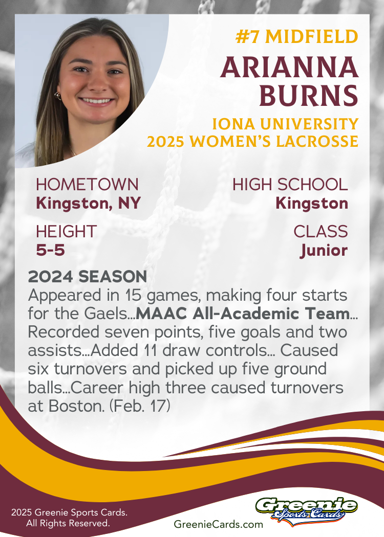 ARIANNA BURNS Certified Autograph Trading Card 2025 Greenie Sports Cards NIL Trading Card PRE-SALE