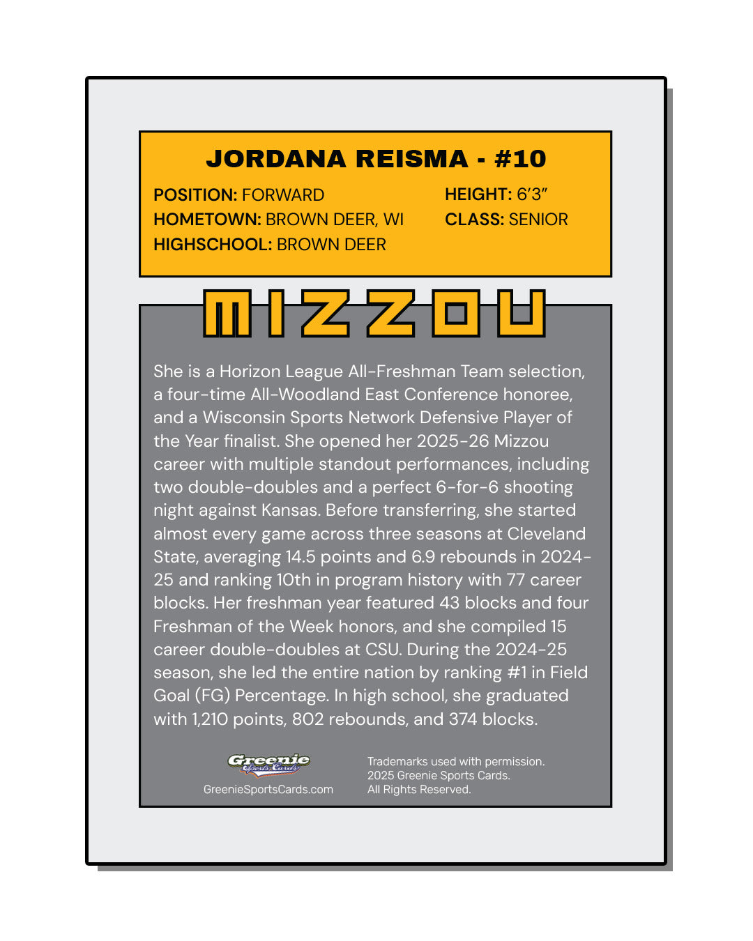 JORDANA REISMA Certified Autograph Trading Card 2025-26 Greenie Sports Cards NIL Trading Card PRESALE