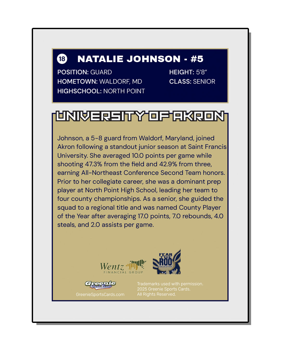 NATALIE JOHNSON Certified Autograph Trading Card 2025-26 Greenie Sports Cards NIL Trading Card PRESALE