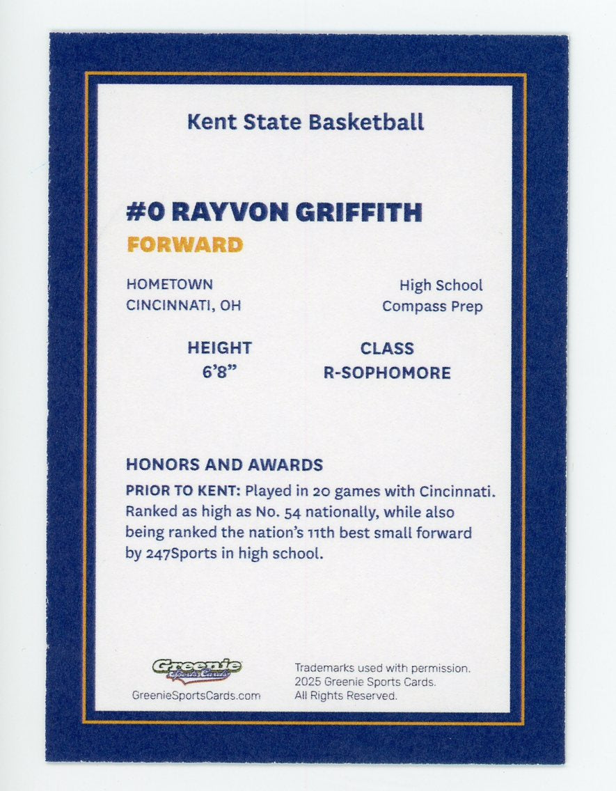 RAYVON GRIFFITH Certified Autograph Trading Card 2025-26 Greenie Sports Cards NIL Trading Card