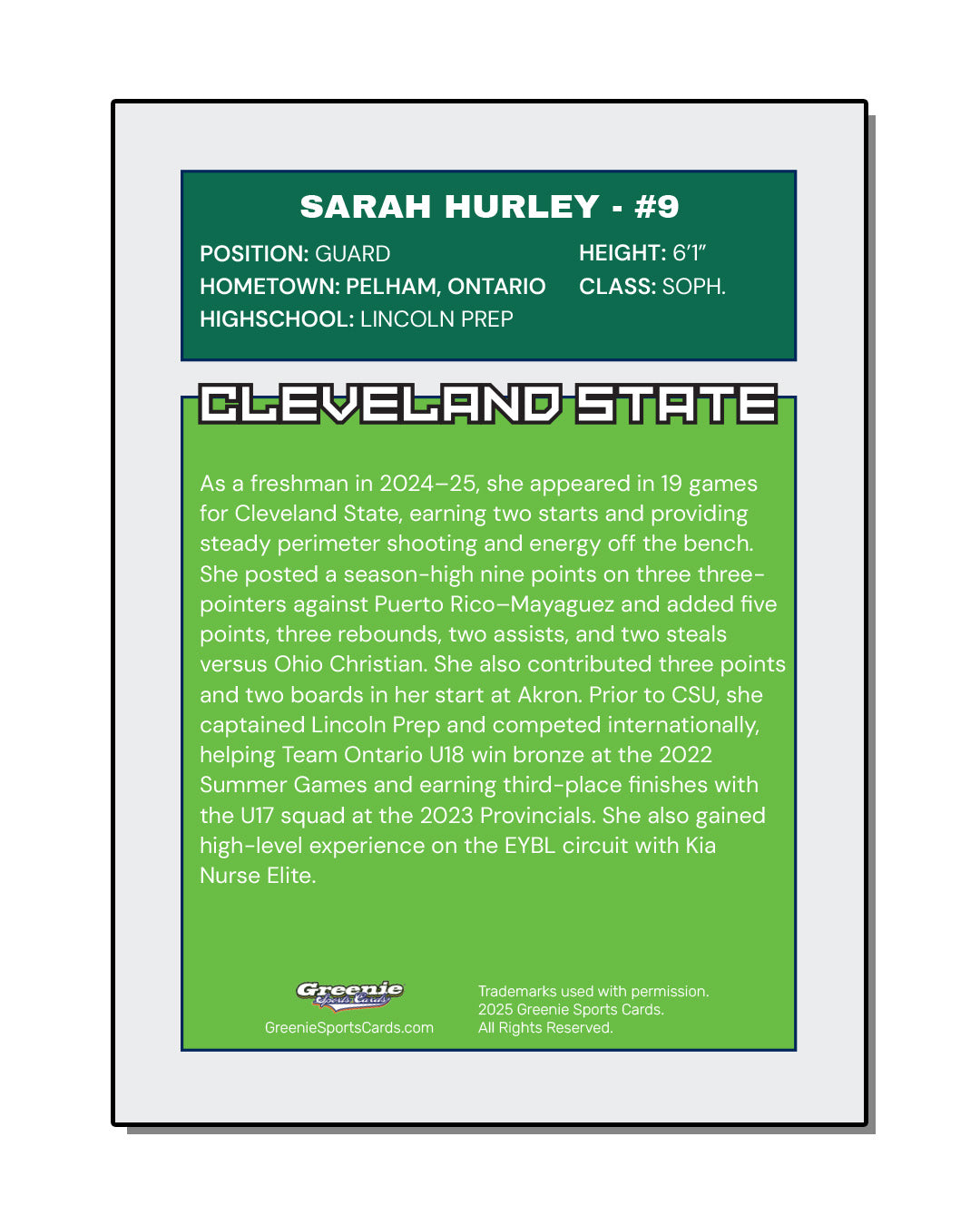 SARAH HURLEY Certified Autograph Trading Card 2025-26 Greenie Sports Cards NIL Trading Card PRESALE