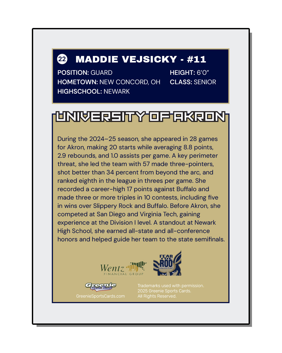 MADDIE VEJSICKY Certified Autograph Trading Card 2025-26 Greenie Sports Cards NIL Trading Card PRESALE
