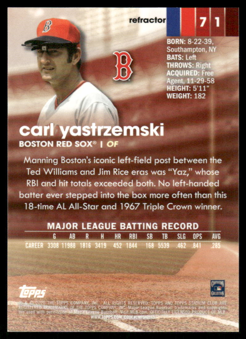A03 CARL YASTRZEMSKI 2020 TOPPS STADIUM CLUB REFRACTOR #71 RED SOX
