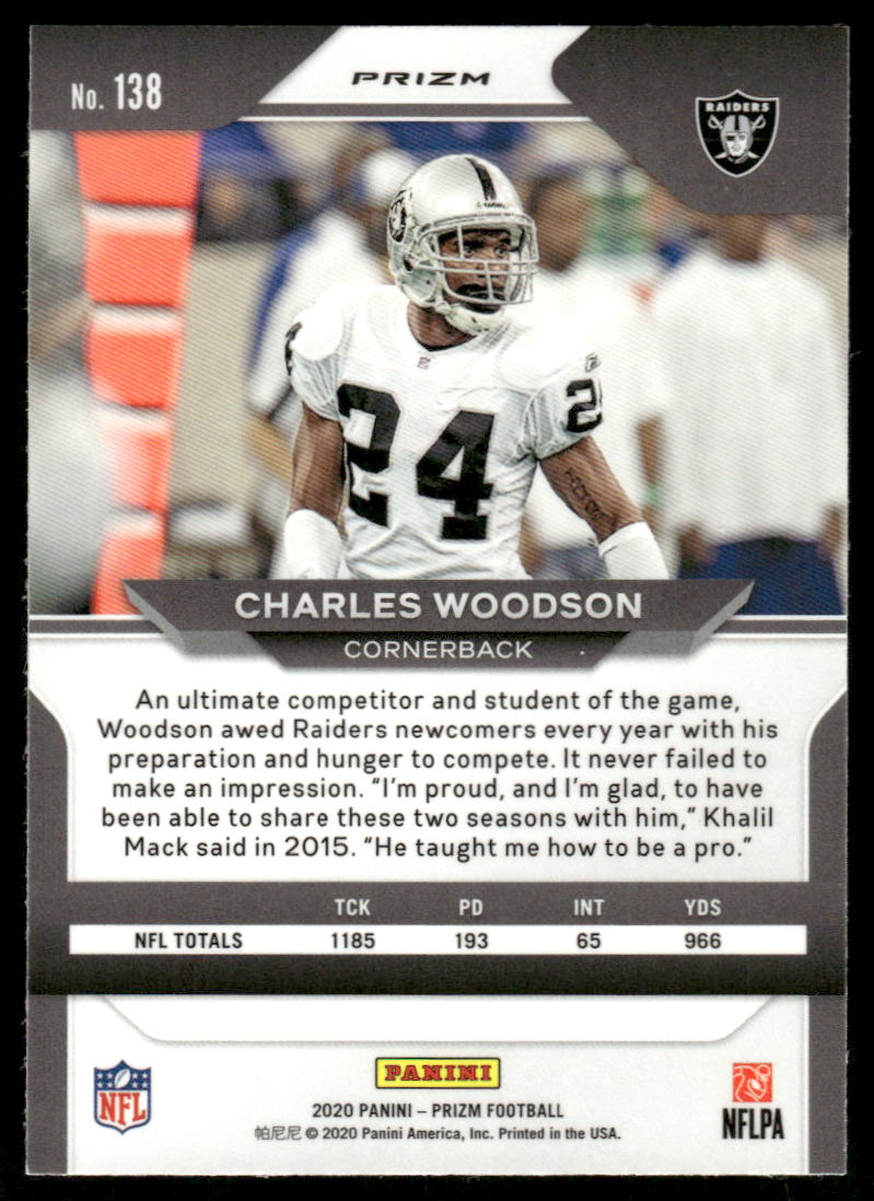 A10 CHARLES WOODSON 2020 PRIZM ORANGE REFRACTOR #138 RAIDERS