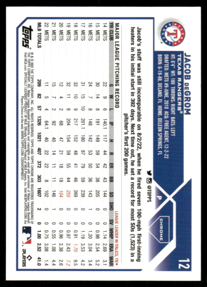 A18 JACOB DEGROM 2023 TOPPS CHROME PINK REFRACTOR 321/399 #12 RANGERS