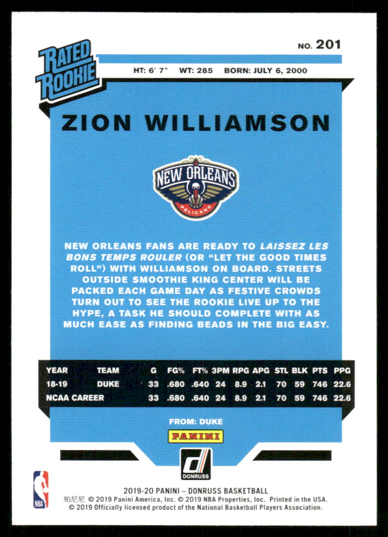 A22 ZION WILLIAMSON RC 2019-20 DONRUSS RATED ROOKIE #201 PELICANS