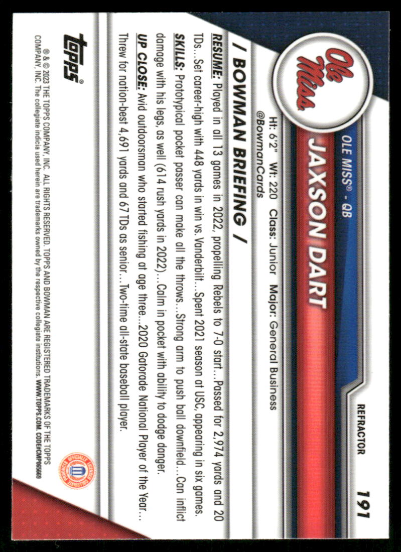 A25 JAXSON DART 2023 BOWMAN CHROME UNIVERSITY REFRACTOR #191 OLE MISS