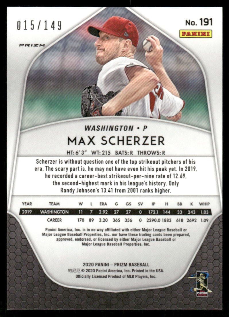 A146 MAX SCHERZER 2020 PRIZM RED MOJO REFRACTOR 15/149 #191 NATIONALS