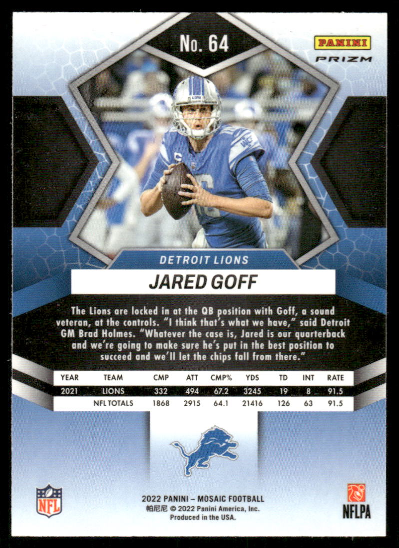 A150 JARED GOFF 2022 MOSAIC PRIZM PINK REFRACTOR #64 LIONS