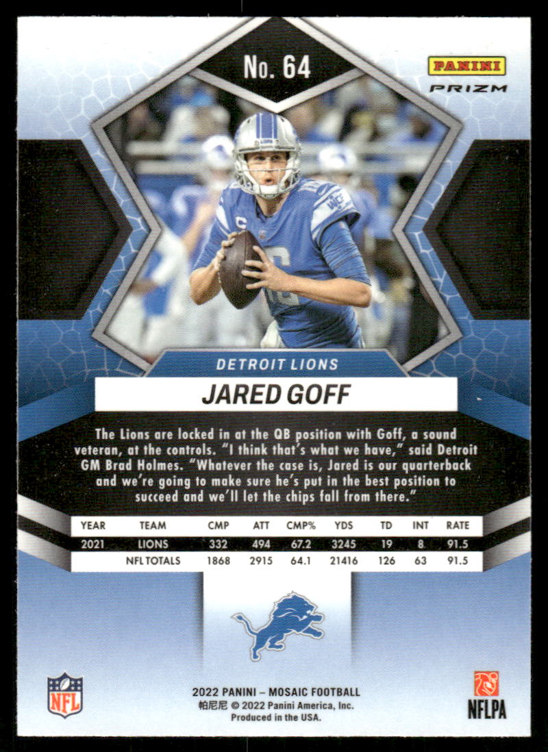A152 JARED GOFF 2022 PANINI MOSAIC ORANGE REFRACTOR #64 LIONS