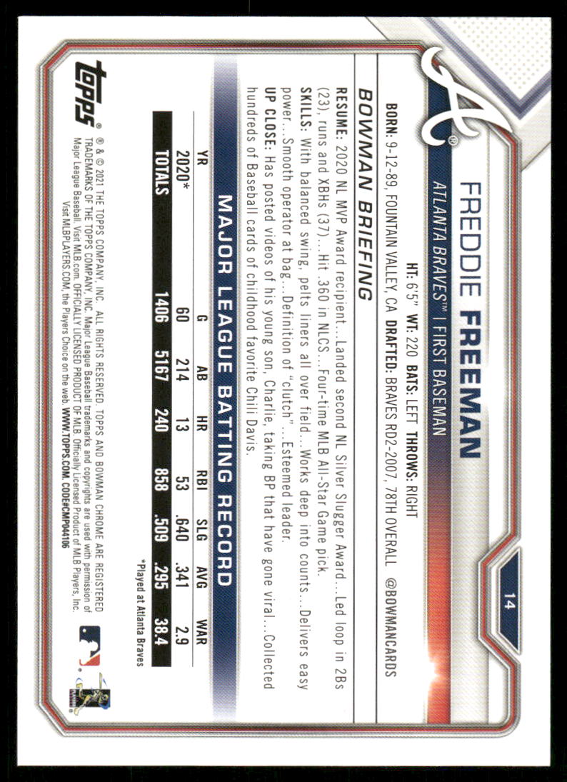 A153 FREDDIE FREEMAN 2021 BOWMAN BLUE 130/499 #14 BRAVES