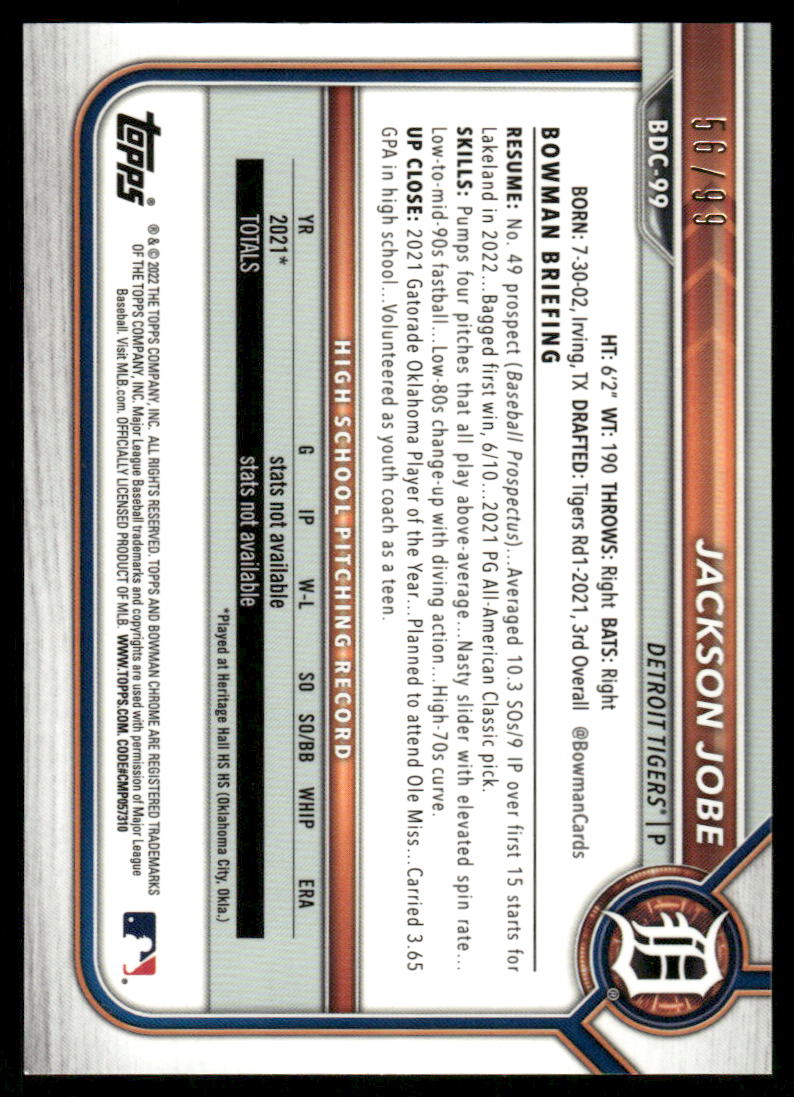 A154 JAKCSON JOBE 2022 BOWMAN CHROME GREEN REFRACTOR 56/99 BDC-99 TIGERS