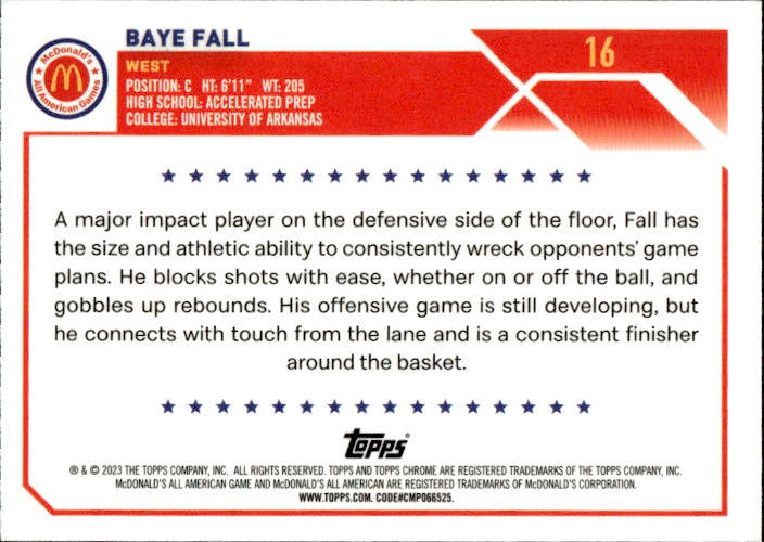 A157 BAYE FALL 2023 TOPPS CHROME MCDONALD'S ALL AMERICAN REFRACTOR #16 ARKANSAS