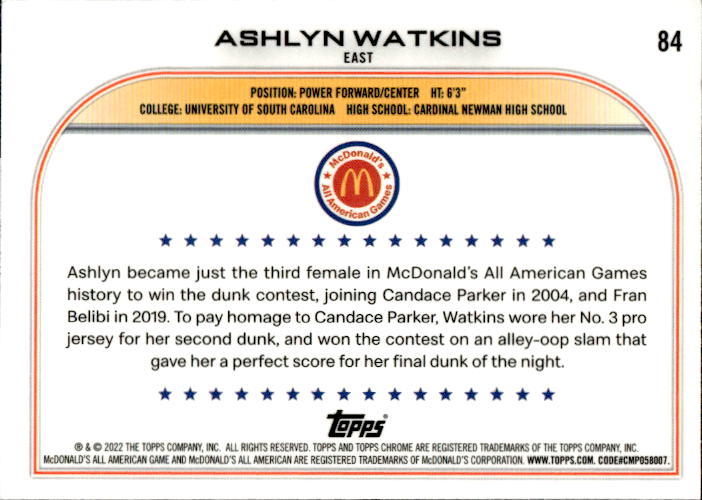 A158 ASHLYN WATKINS 2023 TOPPS CHROME MCDONALD'S ALL AMERICAN #84 SOUTH CAROLINA