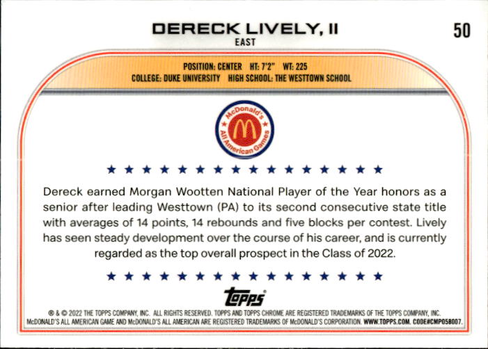 A160 DERECK LIVELY 2023 TOPPS CHROME MCDONALD'S ALL AMERICAN #50 DUKE