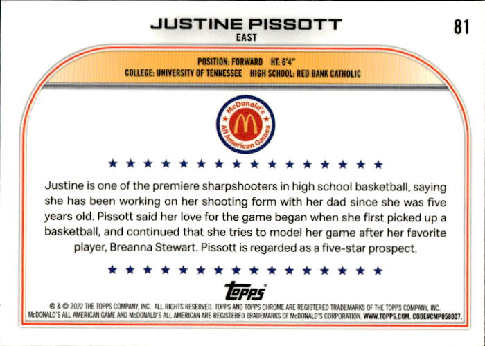 A162 JUSTINE PISSOTT 2023 TOPPS CHROME MCDONALD'S ALL AMERICAN LAVE REFRACTOR #81 TENNESSEE
