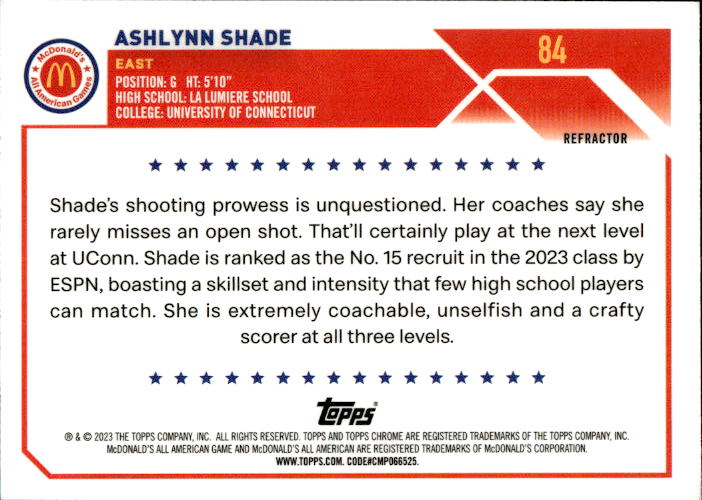 A195 ASHLYNN SHADE 2023 TOPPS CHROME MCDONALD'S ALL AMERICAN REFRACTOR #84 UCONN