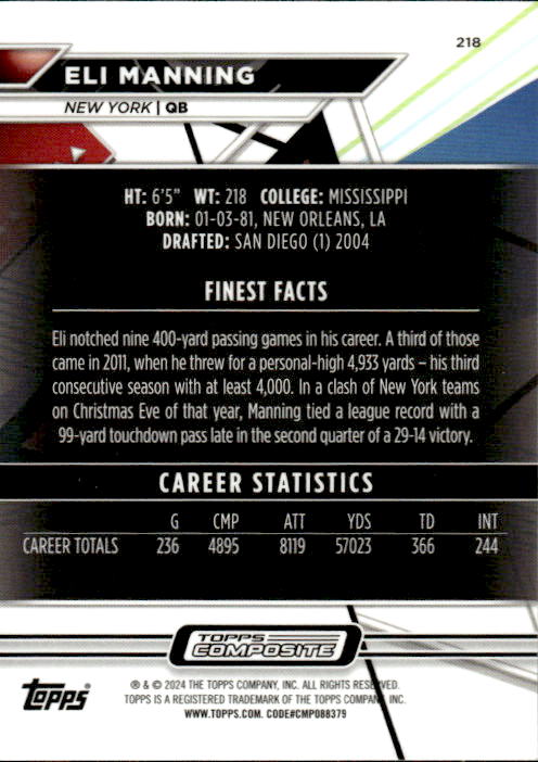 A224 ELI MANNING 2024 TOPPS FINEST XFRACTOR #218 GIANTS