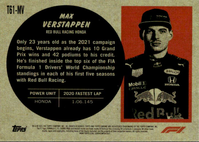 A231 MAX VERSTAPPEN 2021 TOPPS CHROME F1 REFRACTOR RED BULL RACING HONDA T61-MV