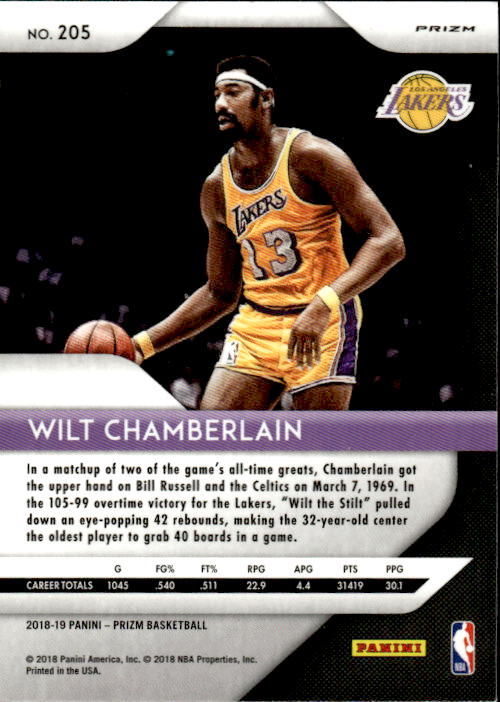 A290 WILT CHAMBERLAIN 2018-19 PANINI PRIZM RED WHITE BLUE REFRACTOR #205 LAKERS