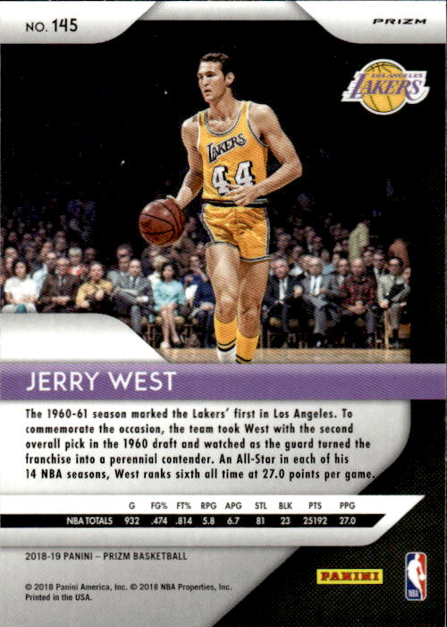 A291 JERRY WEST 2018-19 PANINI PRIZM RED WHITE BLUE REFRACTOR #145LAKERS