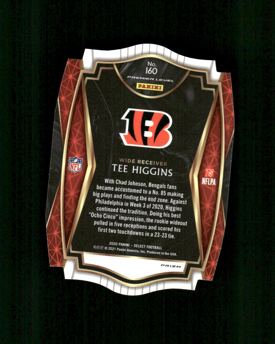 5A18 TEE HIGGINS RC 2020 SELECT DIE CUT LIGHT BLUE REFRACTOR PREMIER LEVEL #160 BENGALS