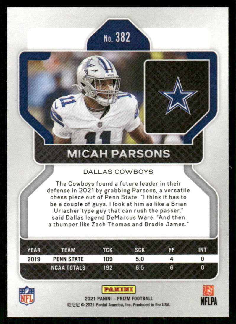 5A33 MICAH PARSONS RC 2021 PRIZM #382 COWBOYS