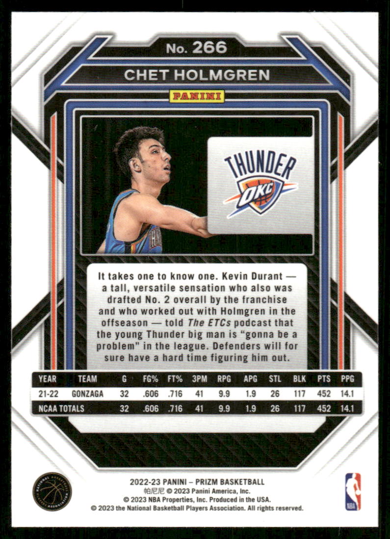 5A47 CHET HOLMGREN RC 2022-23 PRIZM #266 THUNDER