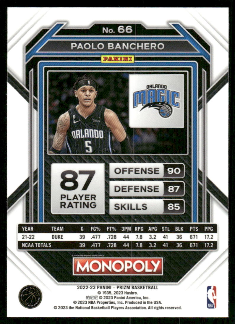 5A48 PAOLO BANCHERO RC 2022-23 PRIZM MONOPOLOY #66 MAGIC