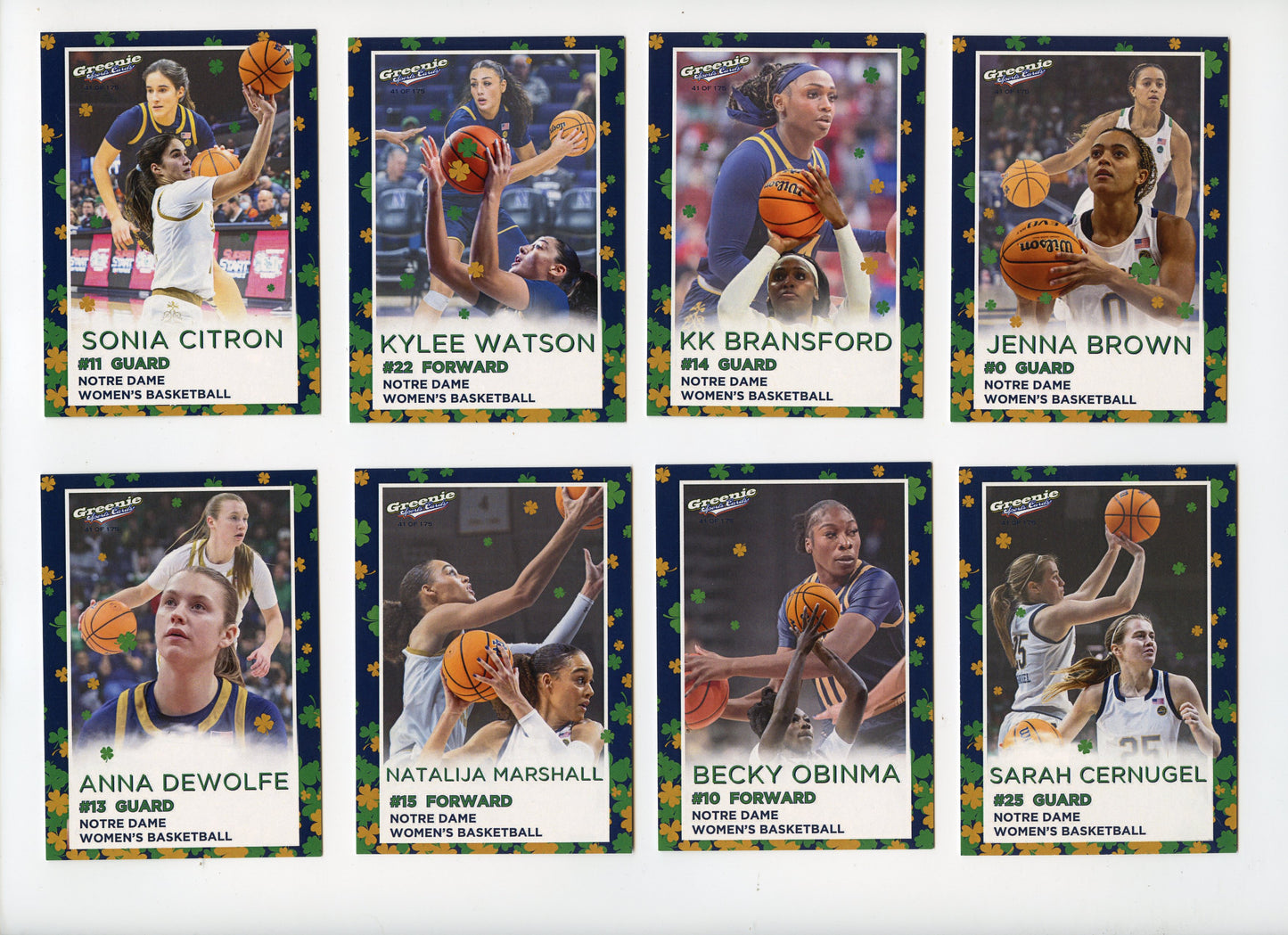 2023-24 Notre Dame Women's Basketball. Team Set produced by Greenie Sports Cards. Serial Numbered to only 175 Sets Produced