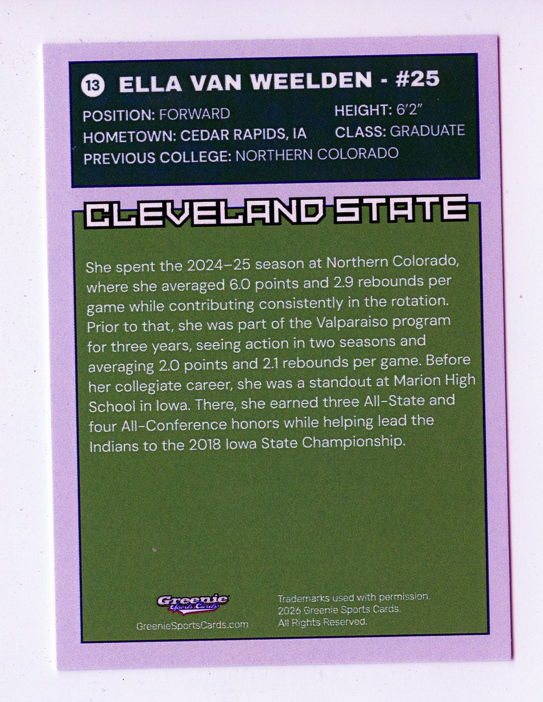 ELLA VAN WEELDEN Certified Autograph Trading Card 2025-26 Greenie Sports Cards NIL Trading Card