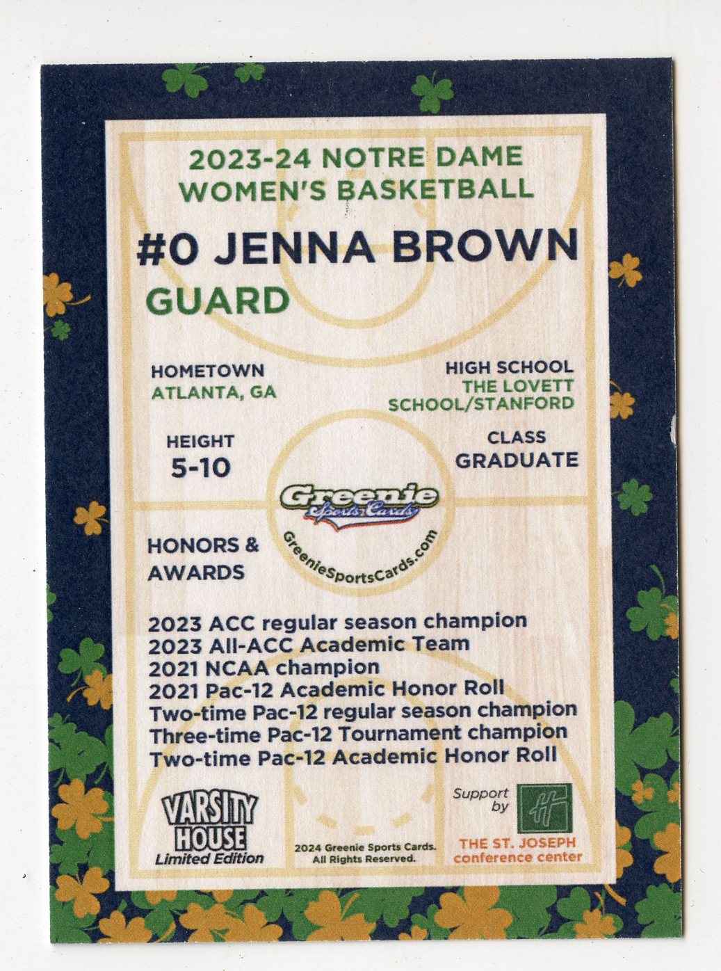JENNA BROWN 2024 GREENIE SPORTS CARDS NIL /175 NOTRE DAME WBB RARE SP