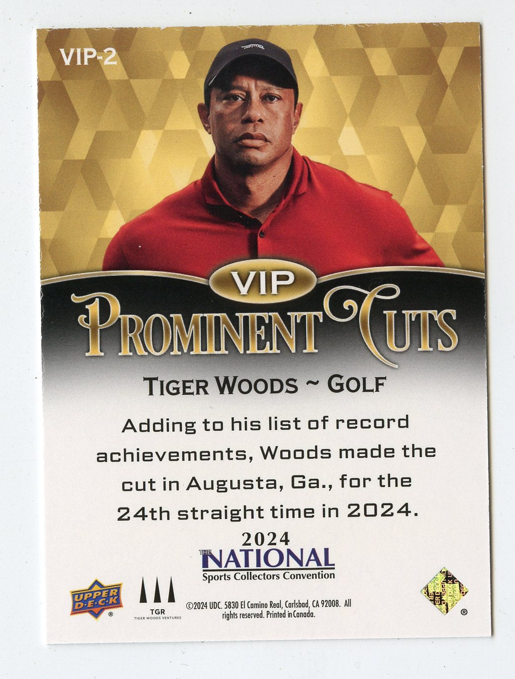 A239 TIGER WOODS 2024 UPPER DECK PROMINENT CUTS NATIONAL VIP VIP-2
