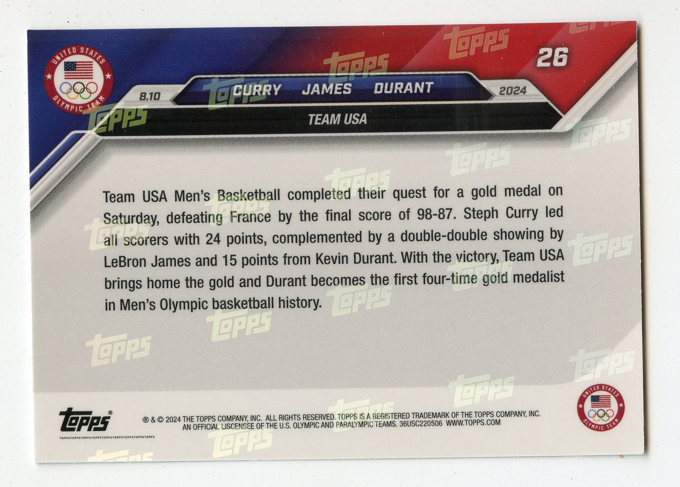 5A11 LEBRON JAMES STEPHEN CURRY KEVIN DURANT 2024 TOPPS NOW OLYMPIC TEAM