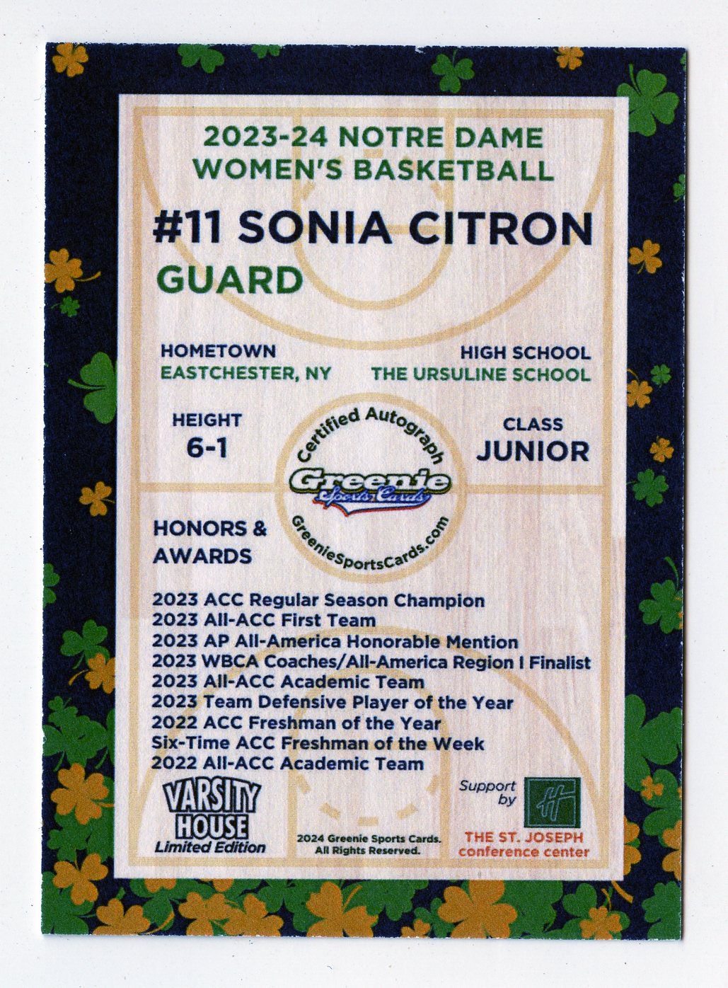 SONIA CITRON AUTO 2024 GREENIE SPORTS CARDS COA NIL /50 NOTRE DAME WBB