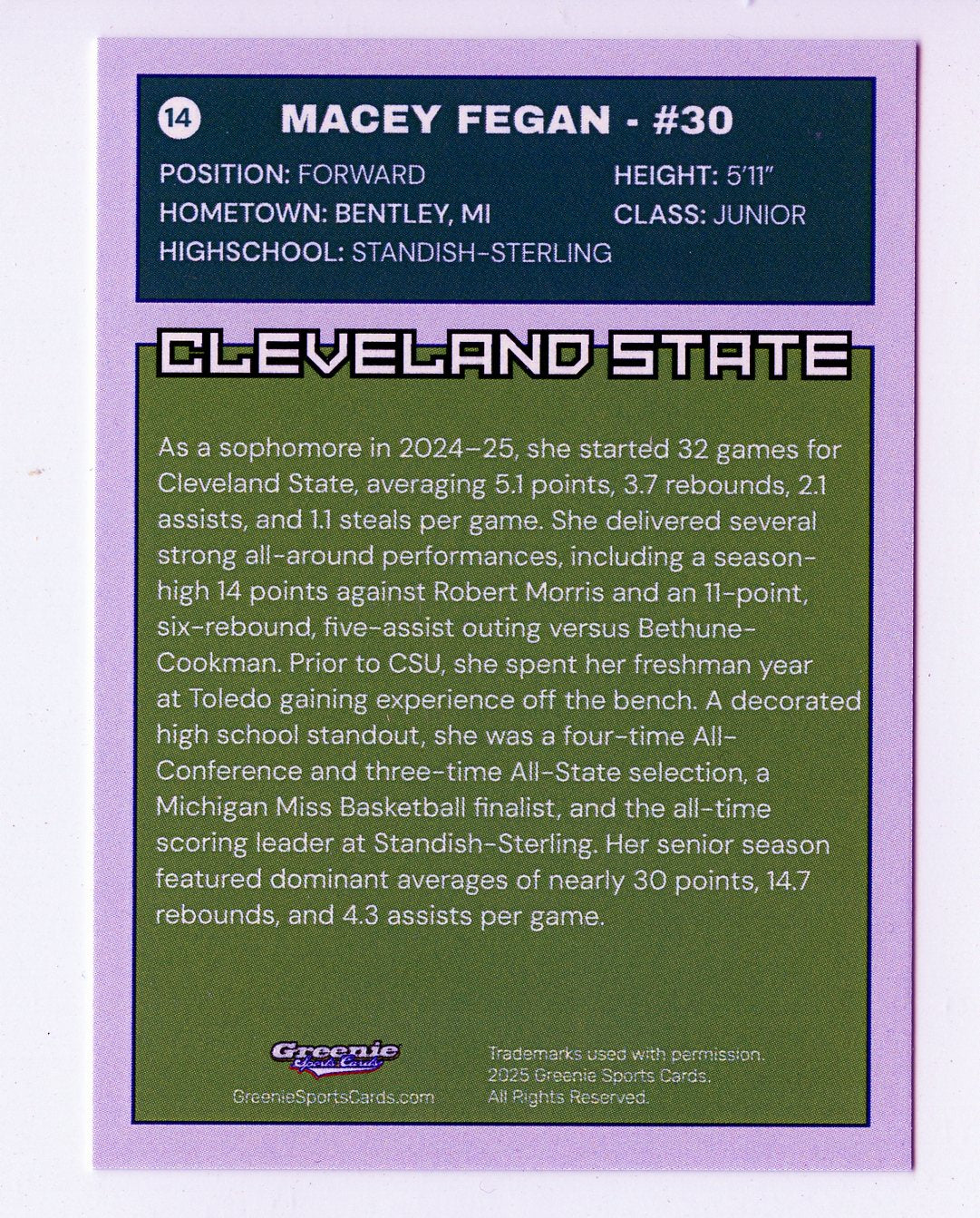 MACEY FEGAN Certified Autograph Trading Card 2025-26 Greenie Sports Cards NIL Trading Card