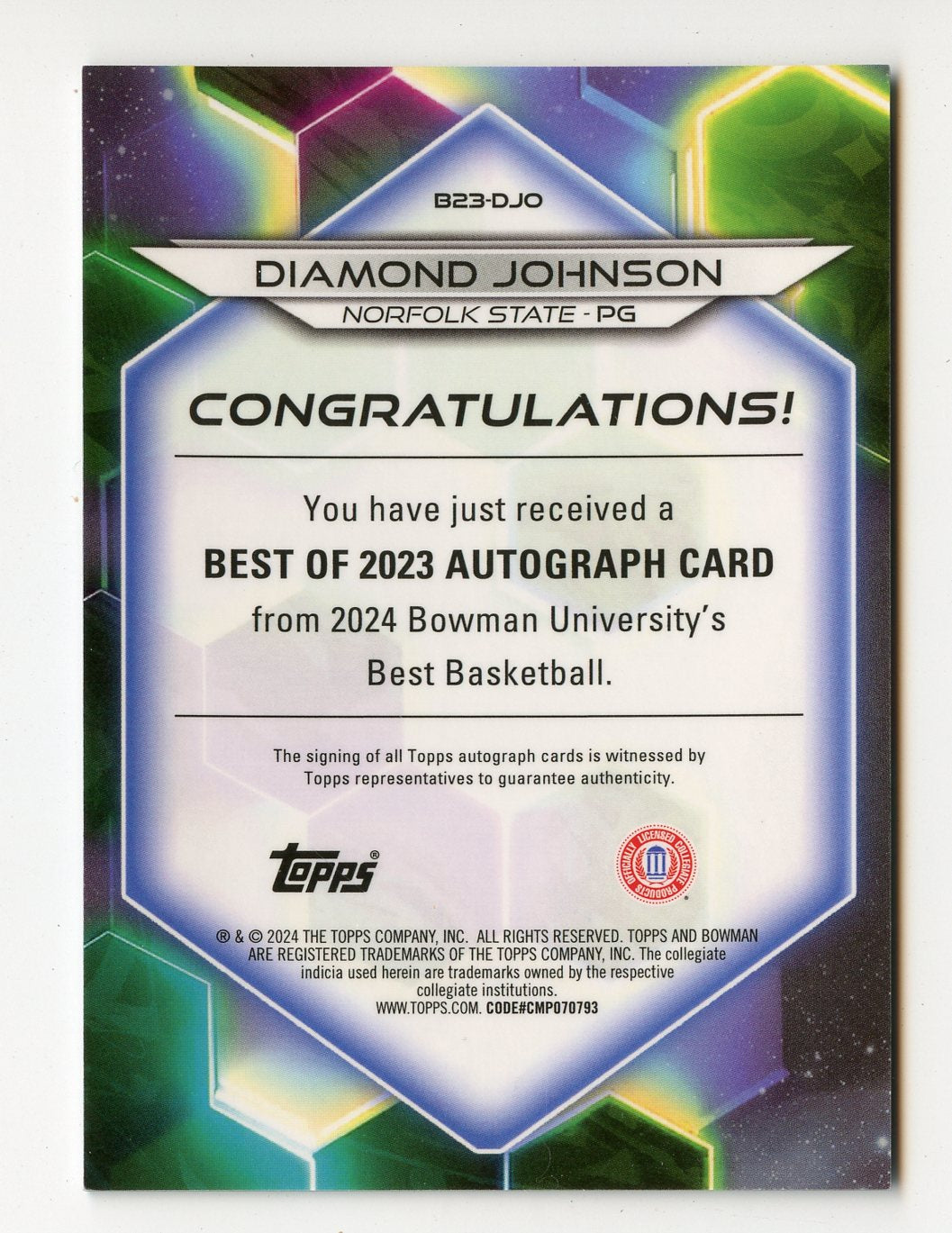 WNBA11 DIAMOND JOHNSON AUTO 2024 BOWMAN'S BEST TEAL GEOMETRIC REFRACTOR 3/15 