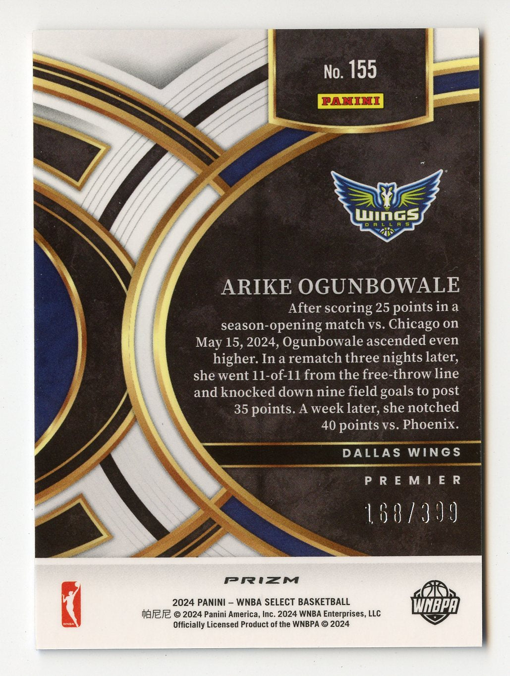 A303 ARIKE OGUNBOWALE 2024 SELECT RED WHITE BLUE REFRACTOR 168/399 PREMIER #155 WINGS