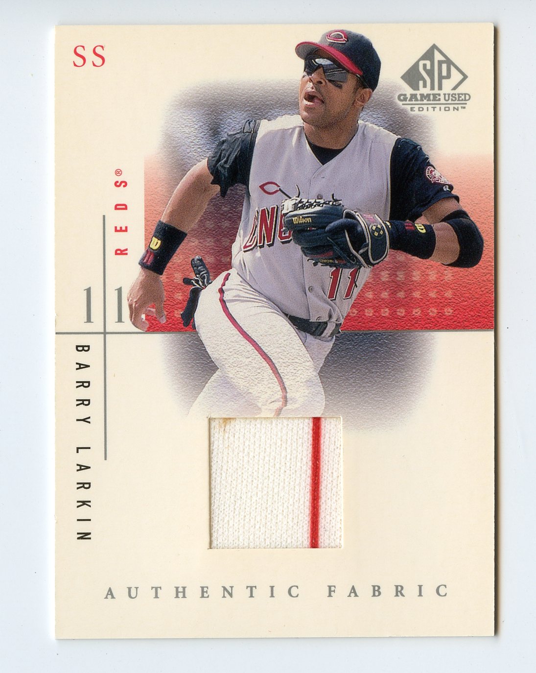 5A4 BARRY LARKIN GAME WORN JERSEY 2001 SP GAME USED FABRIC REDS