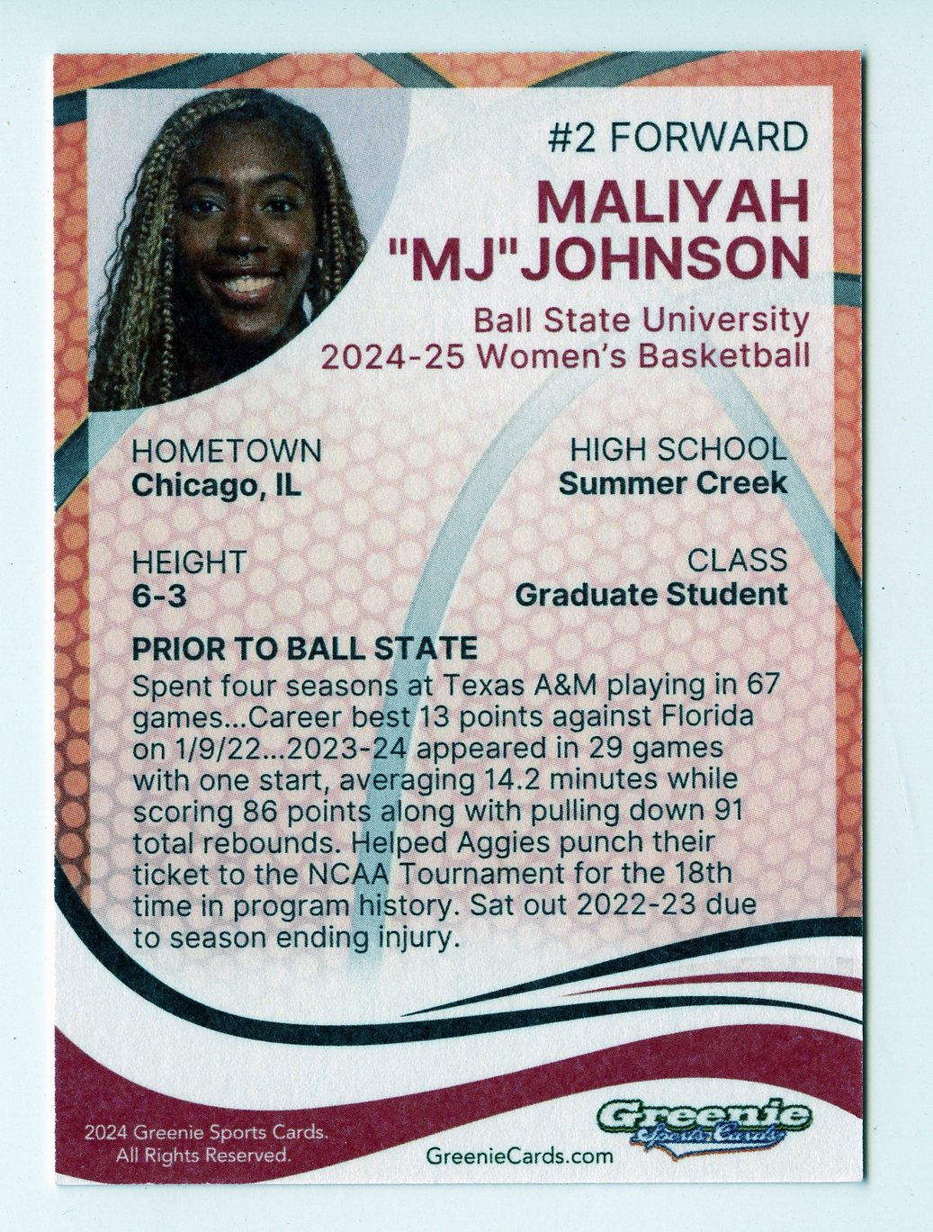 MALIYAH "MJ" JOHNSON Certified Autograph Trading Card 2024 Greenie Sports Cards NIL Trading Card
