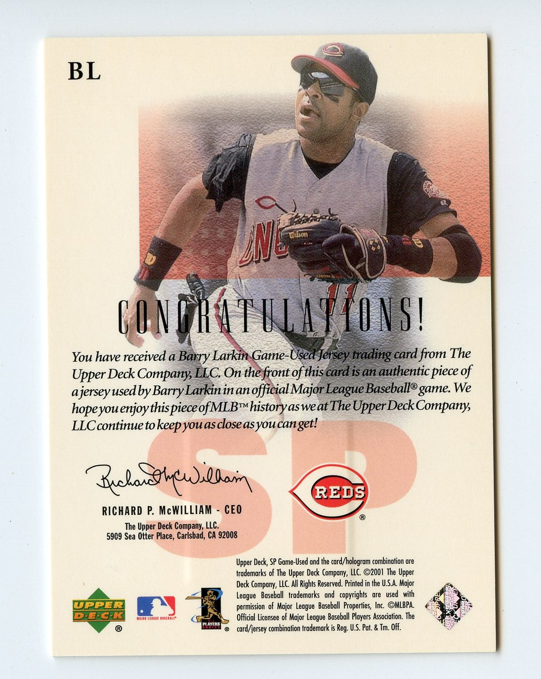 5A4 BARRY LARKIN GAME WORN JERSEY 2001 SP GAME USED FABRIC REDS