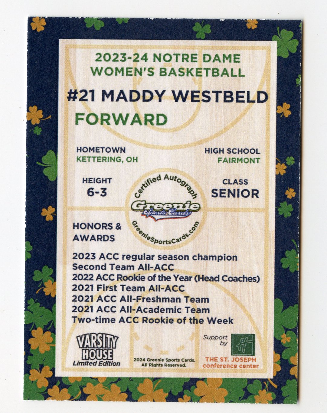 MADDY WESTBELD AUTO 2024 GREENIE SPORTS CARDS COA NIL /50 NOTRE DAME WBB