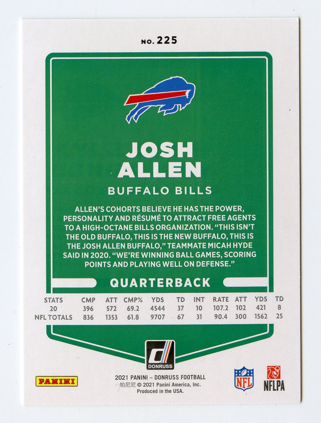 A236 JOSH ALLEN 2021 DONRUSS MASK VARIATION #225 BILLS
