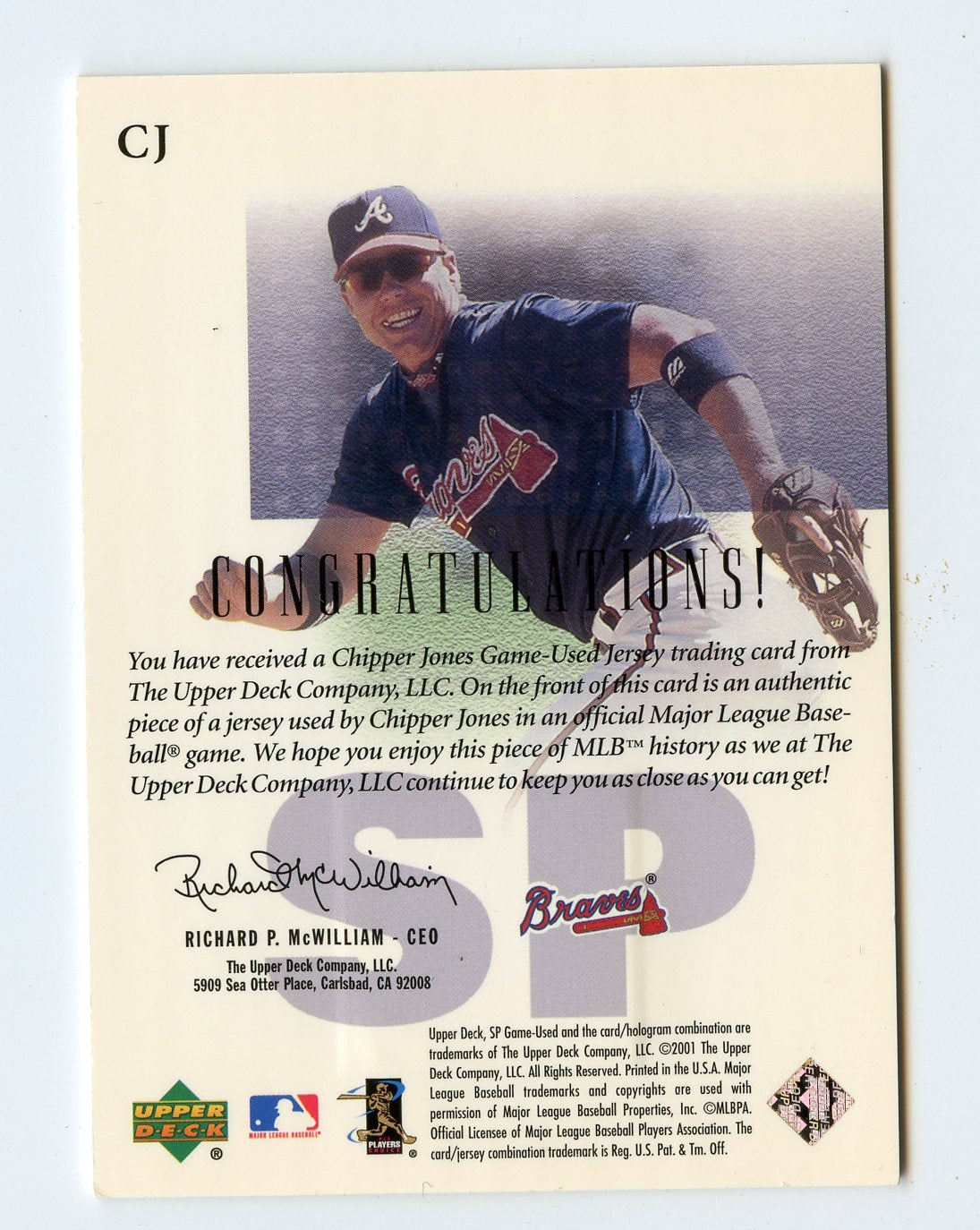 5A3 CHIPPER JONES GAME WORN JERSEY 2001 SP GAME USED FABRIC BRAVES
